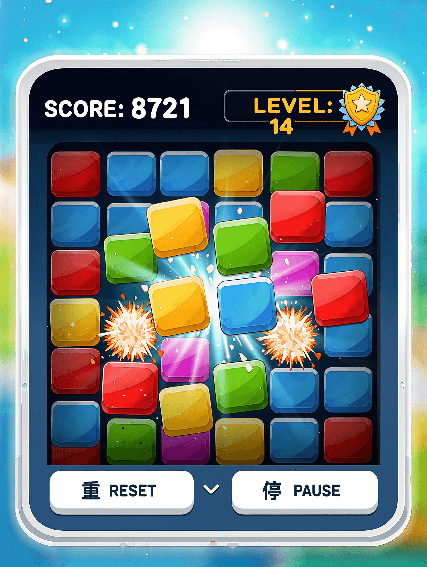 BlockGo Mobile Gameplay - Vibrant colorful blocks with score and level indicators
